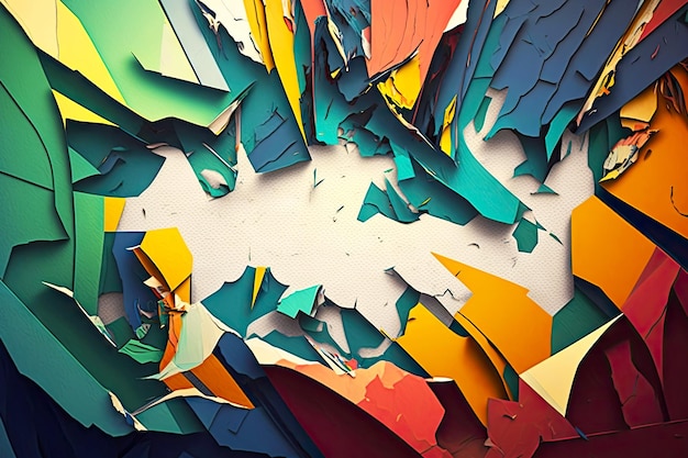 Abstract multicolored torn fragments of multilayer art paper collage created with generative ai