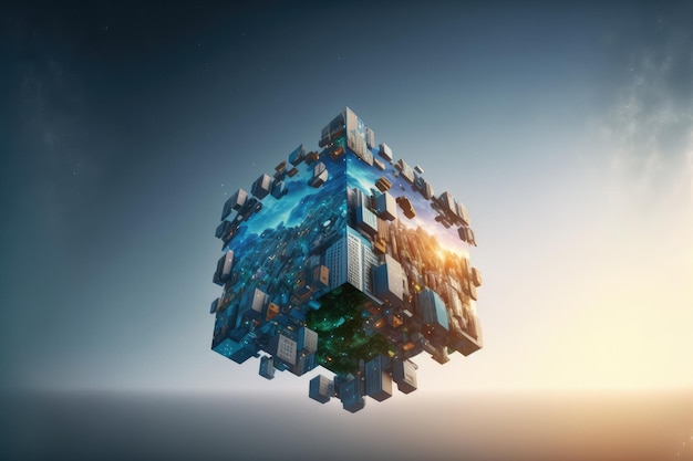 Abstract multiverse world with cubic landscape of nature and city