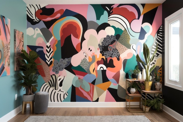 Abstract mural with mix of colors and shapes on blank wall created with generative ai