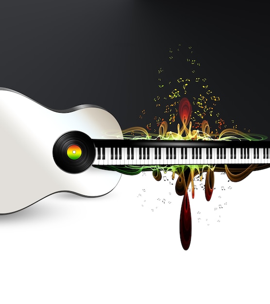 Abstract musical background with piano keys, guitar silhouette and notes