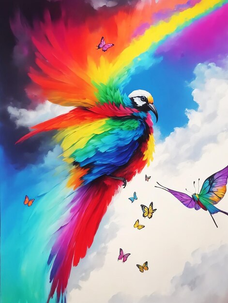 Abstract mysterious bird of butterfly paradise rainbow cloud acrylic paint on paper hd acrylic image