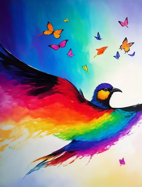 Abstract mysterious bird of butterfly paradise rainbow cloud acrylic paint on paper hd acrylic image