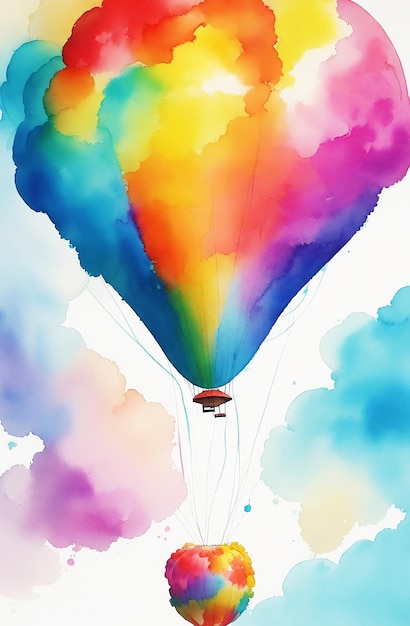 абстрактный загадочный воздушный шар рая радуга пушистое облако краска на бумаге HD акварельное изображение