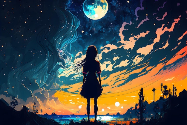 Абстрактный мистический женский силуэт на фоне сказочного ночного эпического неба в голубых и оранжевых тонах Нейронная сеть создала искусство