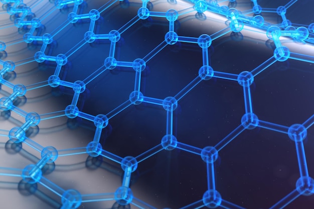 Abstract nanotechnology hexagonal geometric form close-up, concept graphene atomic structure, concept graphene molecular structure. Scientific concept, 3D Illustration