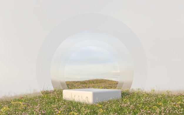 사진 제품 디스플레이 및 젖빛 유리 배경 3d 렌더링을 위한 연단이 있는 추상 자연 현장 장면