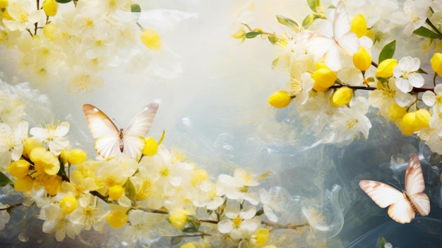 Abstract natural spring background with butterflies and light lemon meadow flowers closeup