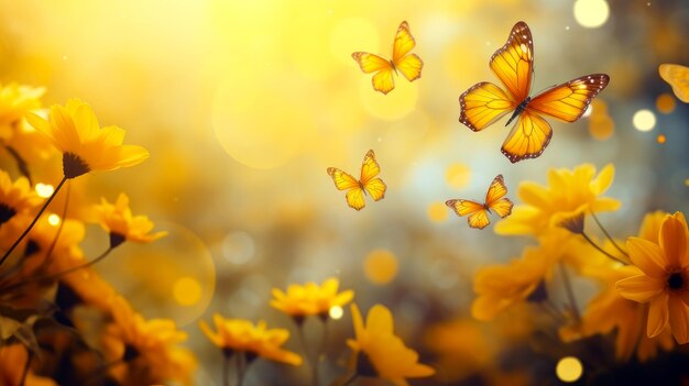 Abstract natural spring background with butterflies and light multicolored yellow dark meadow flower