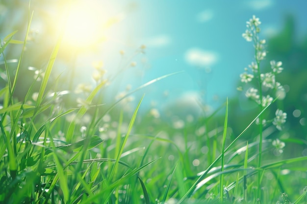 Abstract nature background with bokeh grass in morning sunlight