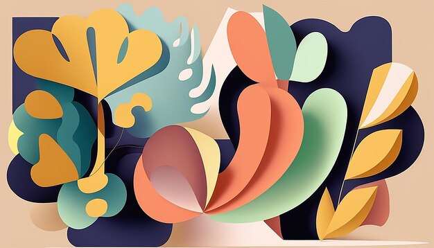 Abstract nature illustration with multi colored leaf shapes generated by AI