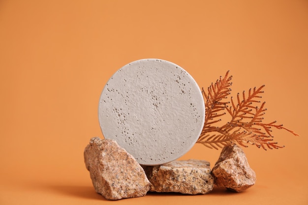 Abstract nature scene composition Autumn showcase made of natural stone autumn foliage Podium presentation cosmetics on orange background Minimalistic branding scene