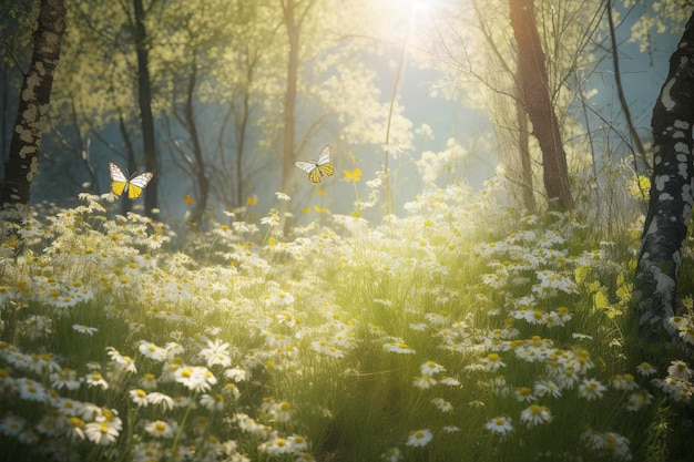 抽象的な自然春の背景春の花と蝶が ai を生成します