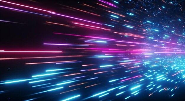 Abstract neon background 3D render with pink and blue glowing lines resembling the speed of light a