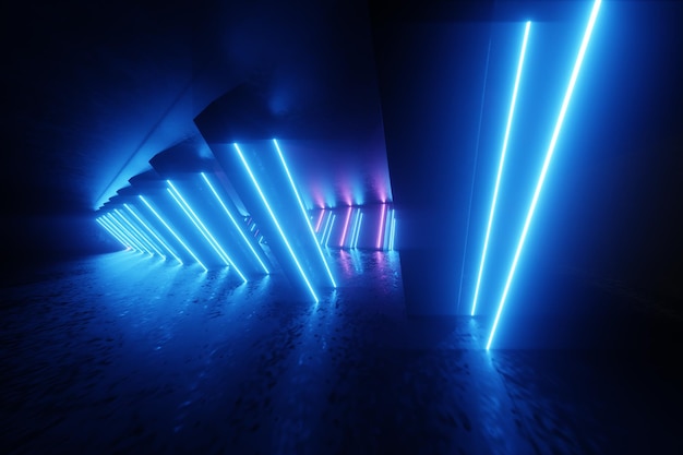 Neon viola blu della priorità bassa al neon astratta. design moderno, interni di tendenza, luce ultravioletta, discoteca, pannelli luminosi, decorazioni di scena, corridoio, tunnel. 3d rendono lo spazio della copia dell'illustrazione 3d.