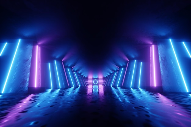 Абстрактный неоновый фон синий фиолетовый неон. Современный дизайн, трендовый интерьер, ультрафиолет, ночной клуб, световые панели, декорации, коридор, тоннель. 3D визуализация 3D иллюстрации копией пространства.