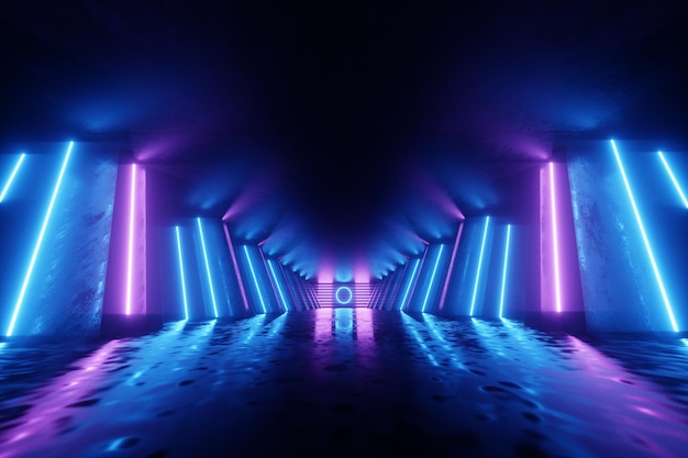 Abstract neon background blue purple neon. modern design, trend
interior, ultraviolet light, nightclub, luminous panels, stage
decorations, corridor, tunnel. 3d render 3d illustration copy
space.