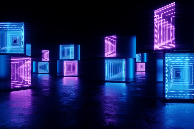 Абстрактный неоновый фон синий фиолетовый неон. Современный дизайн, трендовый интерьер, ультрафиолет, ночной клуб, световые панели, декорации, коридор, тоннель. 3D визуализация 3D иллюстрации копией пространства.