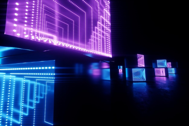 Abstract neon background blue purple neon. modern design, trend\
interior, ultraviolet light, nightclub, luminous panels, stage\
decorations, corridor, tunnel. 3d render 3d illustration copy\
space.