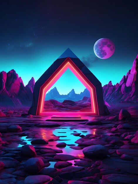 Abstract neon background with geometric shape Beautiful frame and extraterrestrial landscape