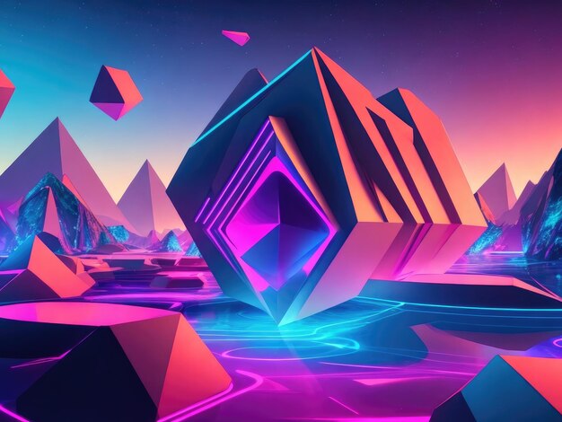 Абстрактный неоновый фон со светящимися геометрическими фигурами и фантастическими виртуальными обоями, созданными ai