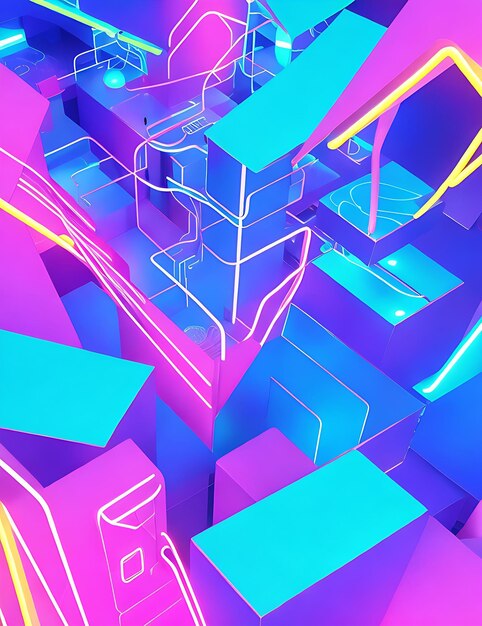 Abstract neon background with pink and blue neon lines and reflection on the floor