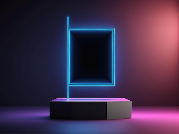 Abstract neon banner with pedestal 3d podium with blue neon square