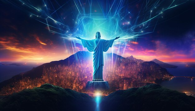 Abstract neon Christ the Redeemer artwork design digital art