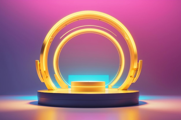 Abstract neon circle podium on yellow background 3d render illustration