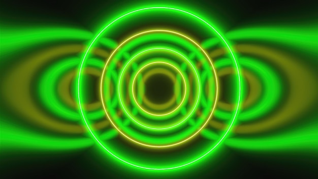 추상 네온 원은 끝없는 터널 컴퓨터 생성 밝은 배경의 3d 렌더링을 형성합니다.