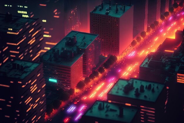 Abstract neon city aerial view Technology concept of night cityscape with blue lights in synthwave style Generated AI