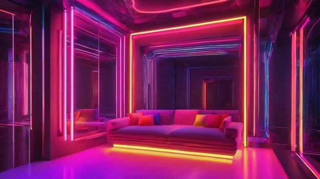 Abstract neon and colored gradient parametric interior 3d illustration and rendering