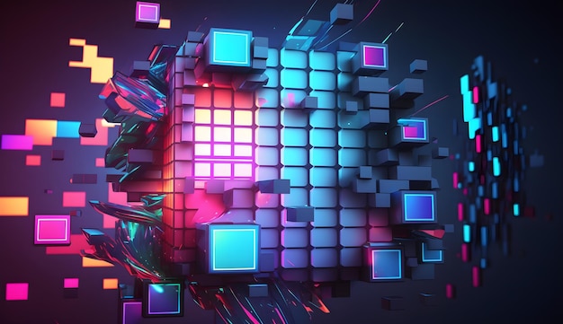 Abstract Neon cube 3d render background 3d neon cube made up of abstract shapes and cubes