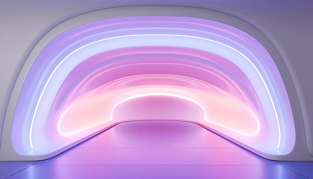 An abstract neon curved corridor with rounded wall in the style of light violet and pink