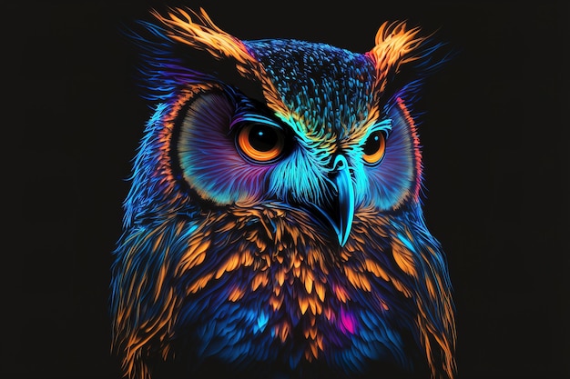 Abstract neon graphic portrait of an owl in the style of pop\
art on a black background