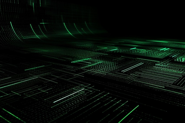 Абстрактные неоновые зеленые лазерные лучи на темном фоне ультрафиолетового спектра Generative AI