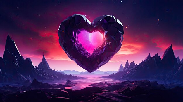 Abstract neon heart shape background with extraterrestrial landscape and rocks