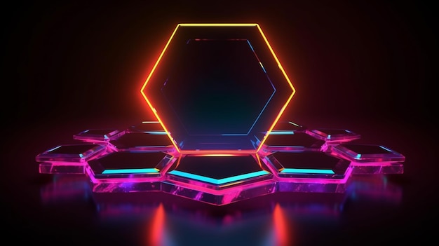 Abstract of neon hexagon shape isolated on space background in reflective colorful spotlight