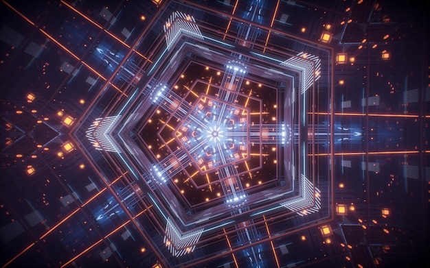 Abstract neon kaleidoscope pattern with glowing effects 3d rendering