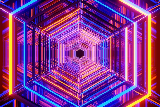 Rendering 3d della tecnologia al neon in crescita del fondo astratto della luce al neon