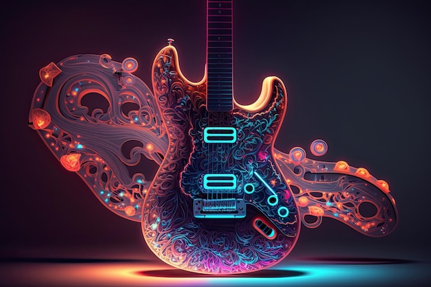 Abstract neon light Electric Guitar artwork design digital art wallpaper glowing space background Generative ai