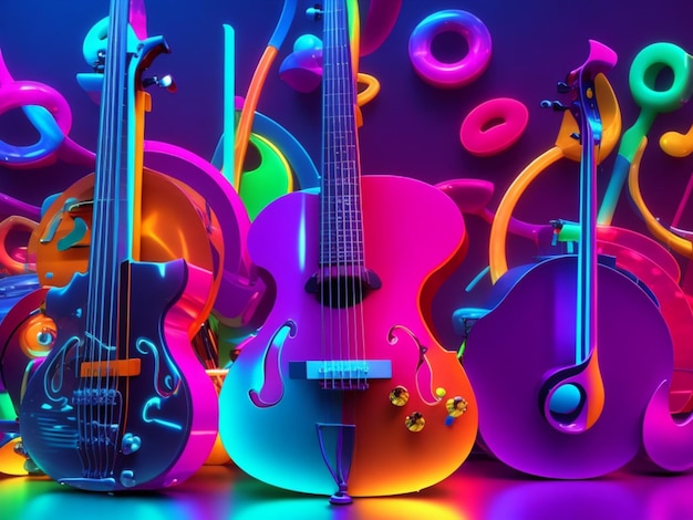 Abstract neon light electric guitar artwork design digital art