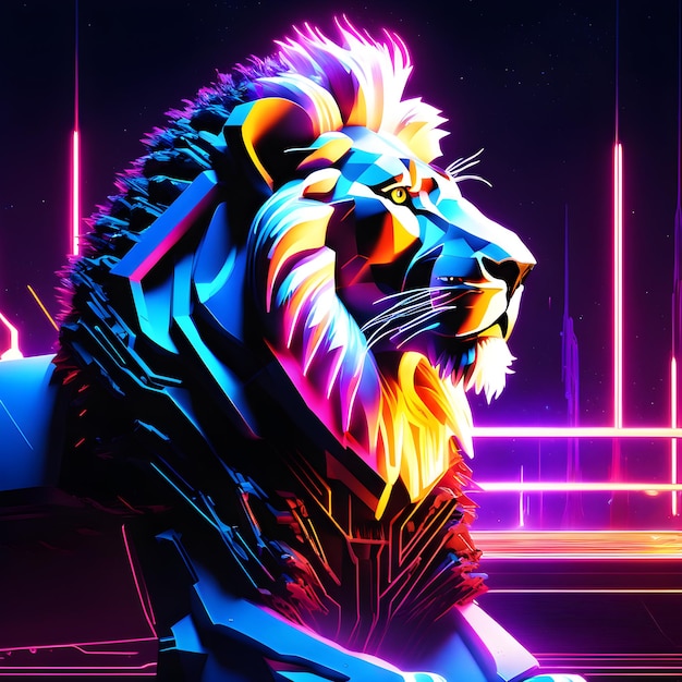 Абстрактные неоновые световые изображения льва, дизайн цифровых художественных обоев, потрясающее замысловатое светящееся пространство