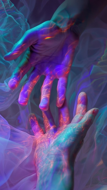 Abstract neon light patterns on human hands