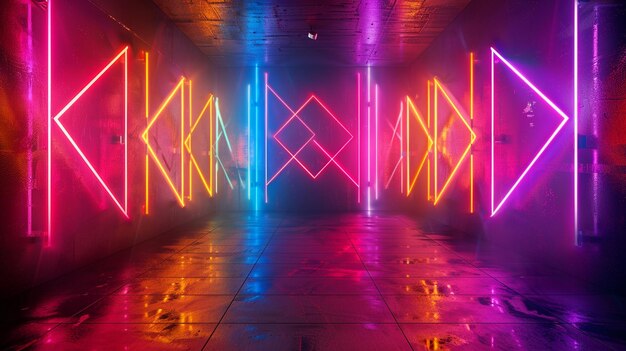 Foto modelli di luce al neon astratti in una stanza piastrellata