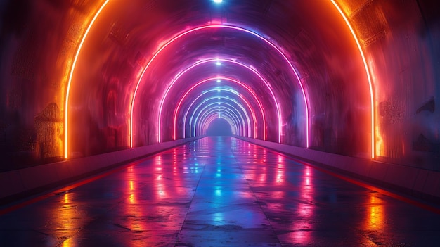 빛나는 원형 반지와 바닥 반사와 함께 추상적인 네온 빛 터널 배경 디자인 홀로그램 효과를위한 디지털 미래의 배경