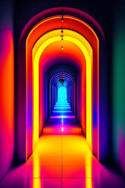 Abstract neon lights archway colorful glowing hallway tunnel of intricate design