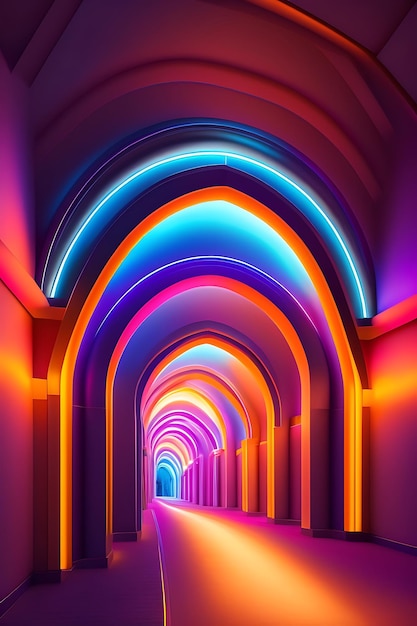 Abstract neon lights archway Colorful glowing hallway Tunnel of intricate design