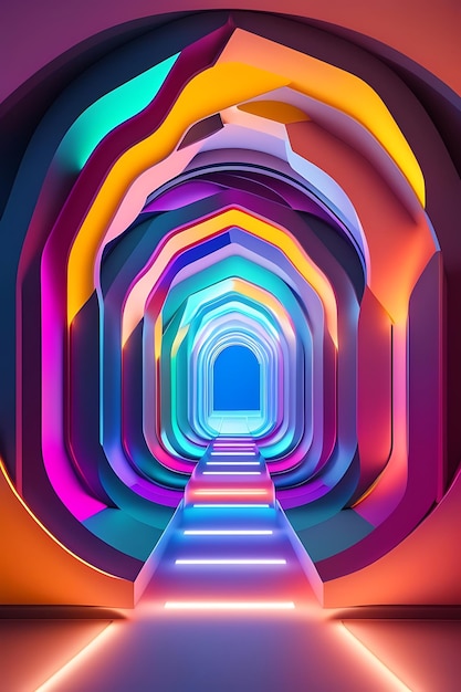 Abstract neon lights archway Colorful glowing hallway Tunnel of intricate design