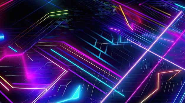 Photo an abstract neon lights background with a cyberpunk aesthetic featuring neon colors and geometric shapes that convey a futuristic and dystopian atmosphere generated by ai