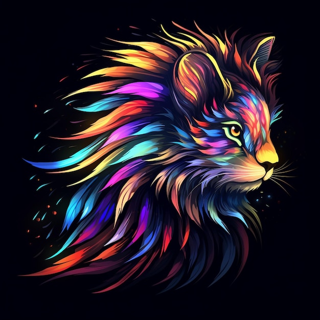 Abstract neon multicolored portrait of a CAT head on a black background Generative AI